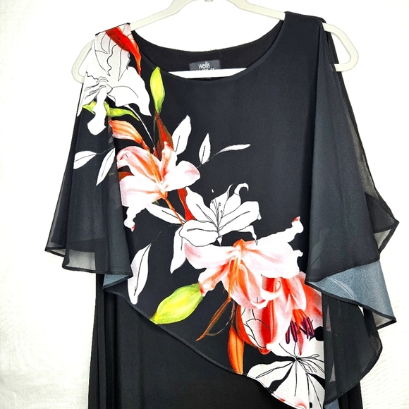 Wallis dress. Black floral, cold shoulder, scarf overlay.  Size 10. - Picture 10 of 13